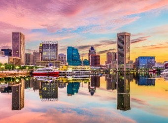 Baltimore, Maryland, USA skyline on the Inner Harbor.