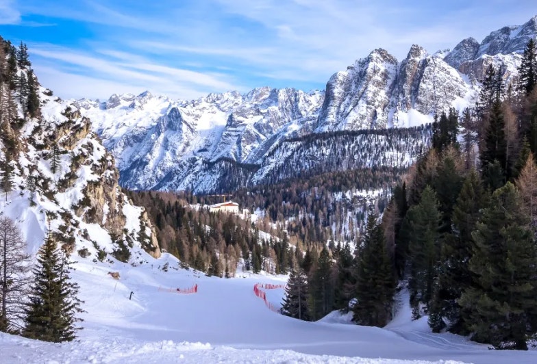 Winter landscape in Dolomites at Cortina D'Ampezzo ski resort, Italy