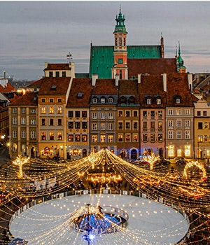 An ice rink with Christmas lights at a square in Warsaw in Poland